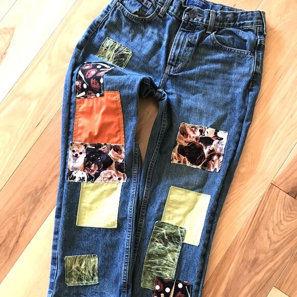 Children's Pants, Size 10 Husky: Upcycled Puppies Baseball Theme Patchwork Jeans - Picture 6 of 16